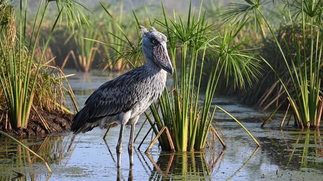 Shoebill Stork Stands Motionless In African Swamp