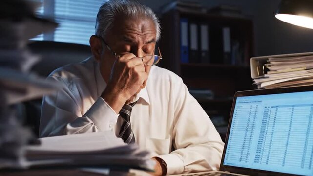 A stressed businessman working late at night.
