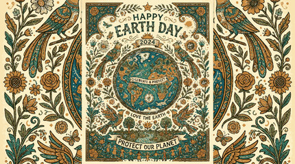 Fototapeta premium Happy earth day celebration with ornate floral border featuring birds and nature inspired design elements