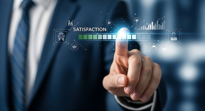 Businessman hand pointing at digital satisfaction rating scale bar on virtual screen interface for customer feedback service