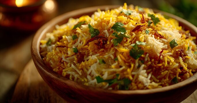 Escape Indian subcontinent for a taste of Saffron infused Hyderabadi Biryani clean professional stock photo sharp macro photography style cinematic realism ultra photorealistic no text no watermark