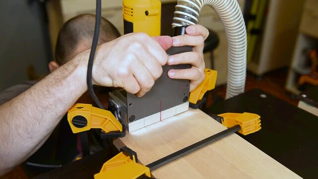 Wood lamella router in action cutting into a wooden surface. The spinning bit carves a precise groove as the attachment cutting into the material.