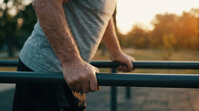 Close-up of senior hands gripping parallel bars for workout