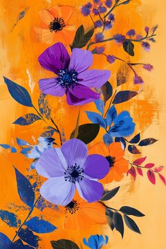 Digital floral collage on warm yellow-orange backgrond. Hand-drawn effect withviolet, blue, and orange fowers and leaves, expressie and artistic, suitable fr creative decor and moder design