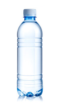 Detailed close up studio shot of a pristine clear plastic water bottle with a white screw cap filled with liquid&nbsp;