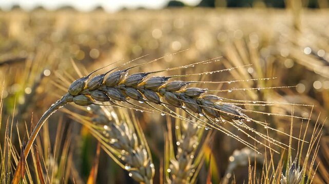 Closeup of a Wheat Ear with Dew Drops in a Field at Sunrise.