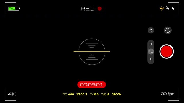 Camera HUD overlay with REC indicator, battery icon and timer. Clean minimalist horizontal 4K video with alpha channel.
