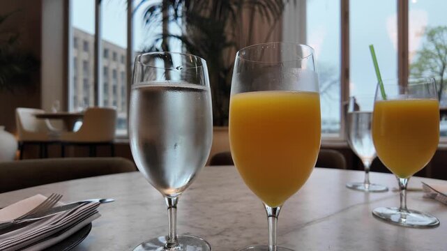 Breakfast Drinks on a Table in a Luxury Restaurant in the Morning