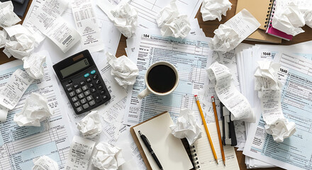 Fototapeta premium Overhead view of a messy desk with crumpled papers calculator and coffee cup.