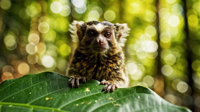 Tiny Pygmy Marmoset Peering From Behind A Giant Leaf