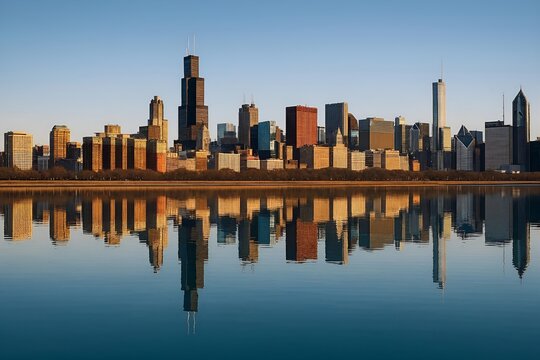 Reflection Lake Michigan Chicago Skyline Illustration Drawing Famous City Urban Cityscape Skyscrapers Tall Skyline Buildings Towers Day Downtown Illinois USA Lincoln Park Observatory River Essence
