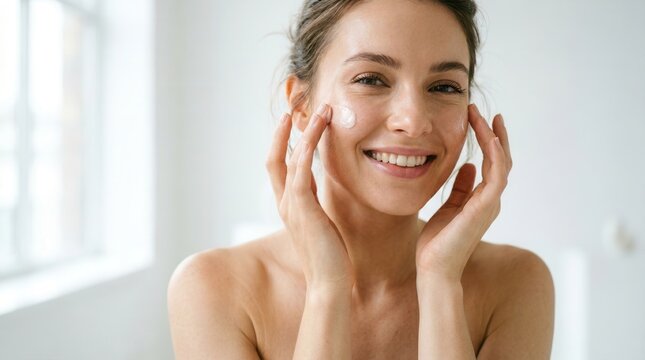 Woman applying face cream smiling brightly in soft light