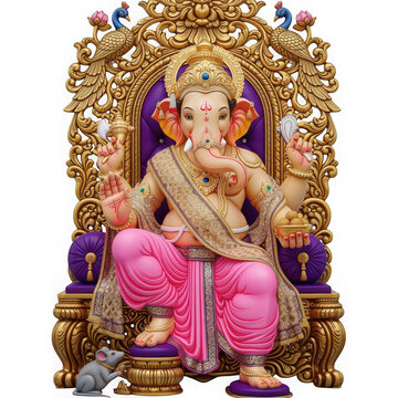 Ornate Ganesha Seated on Jeweled Throne Holding Modak Adorned in Traditional Attire Regal Hindu Deity Portrait