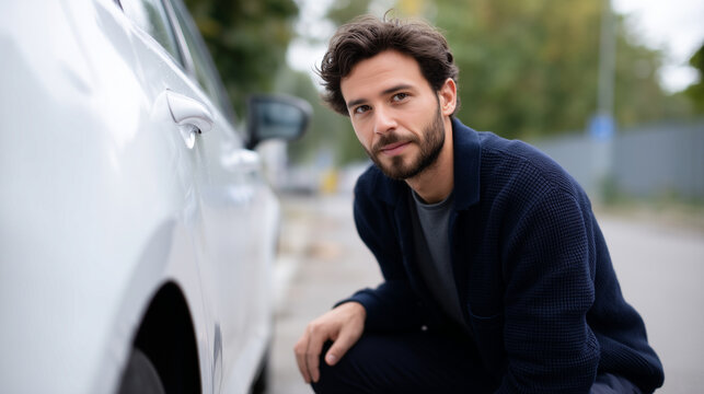 Man inspecting car body damage after minor accident, vehicle scratch check, auto insurance claim concept, driver examining dent on white car, roadside transportation problem, autom