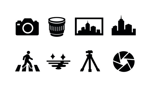 Street photography: camera, lens, photo frame, city skyline, pedestrian crossing, light reflection, tripod, shutter icon
