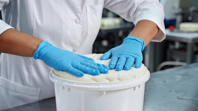 Cheese maker carefully places cheese curd into mold for production.