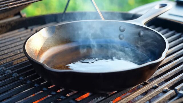 Cast Iron Skillet Heating Up on a Barbecue Grill with Smoke Rising.
