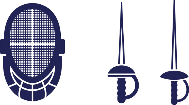 A dark blue illustration of a fencing mask and two swords