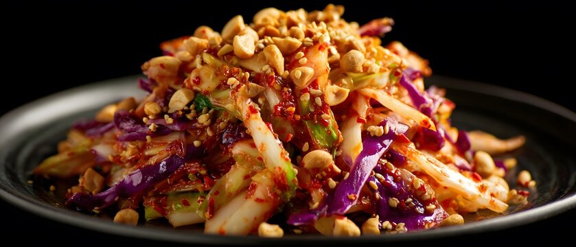 Spicy kimchi slaw topped toasted crushed peanuts clean professional stock photo sharp macro photography style cinematic realism ultra photorealistic no text no watermark