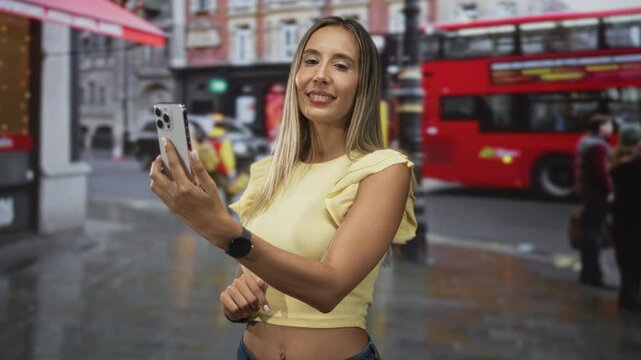 Woman holding smartphone, smiling while checking screen on street by red doubledecker bus and wet pavement, wearing yellow top and smartwatch; happiness travel connection.