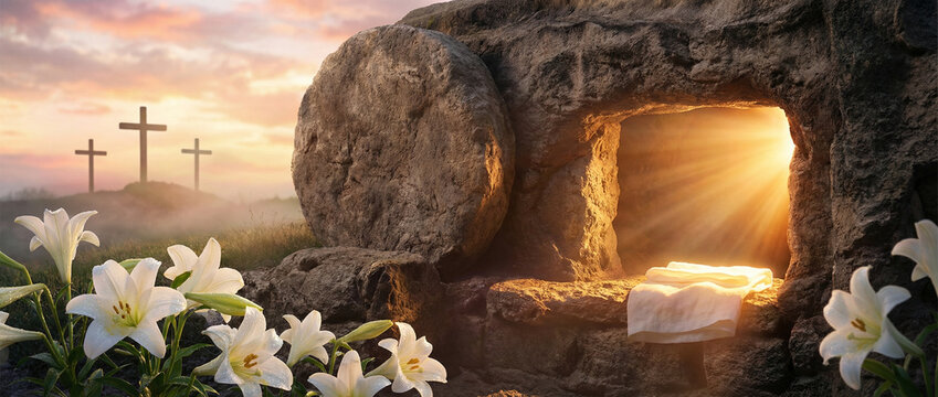  Jesus Christ empty tomb with stone rolled away during sunrise. Radiant divine light, white lilies in foreground, and three crosses on a hill. Easter resurrection celebration concept.