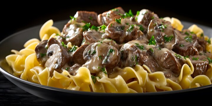 Savory beef stroganoff egg noodles clean professional stock photo sharp macro photography style cinematic realism ultra photorealistic no text no watermark