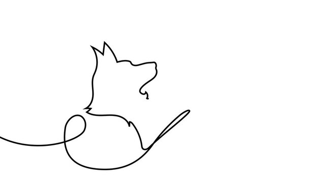 Continuous one line dog drawing art paw illustration pet heart lineart. Dog drawing one line outline print icon veterinary puppy walk footprint running head logo bulldog silhouette background vector.