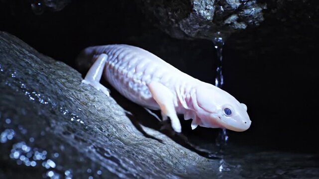 Albino Cave Salamander Clinging to Damp Rock Face