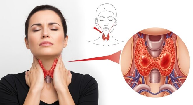 Adult female experiencing significant neck discomfort, emphasizing thyroid disease symptoms, human body endocrine system anatomy, gland health issues, medical diagnosis awareness concept