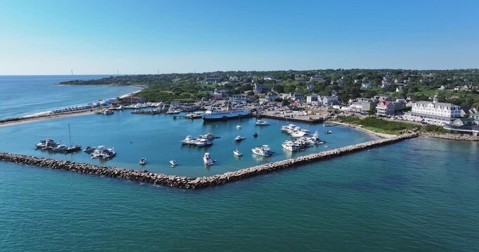 New Shoreham, RI, USA - August 8, 2026  Block Island, Rhode Island summer arial video of the breakwater barrier at Old Harbor.