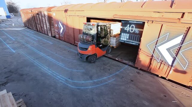  Rail freight transportation. Smart loading of goods onto a train. Forklift loads boxes into Boxcars. The concept of smart commercial and industrial logistics, storage of goods and transportation.