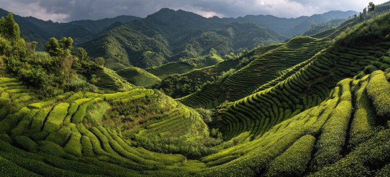 Lush green tea plantations cascade down mountainsides under a cloudy sky, panoramic landscape