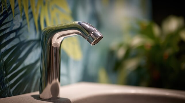 Closeup on a touchless faucet in an inclusive restroom foreground in sharp focus soft natureinspired mural softly blurred behind.