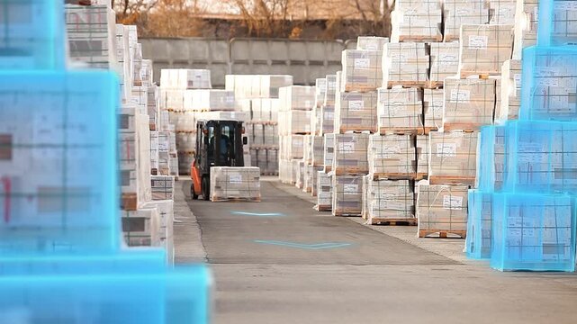 Factory products are stored in the yard of the factory in an outdoors warehouse. Corton boxes on pallets are stored in an factory warehouse. The concept of smart commercial and industrial logistics