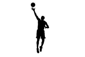 Silhouette of a Basketball Player: A striking silhouette of a basketball player in mid-action, reaching for the hoop. Capturing the essence of sports and athletic achievement. © MetaPixel Studio