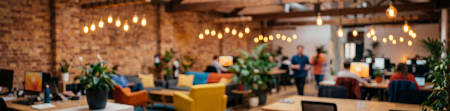 Warm blurred coworking space background with brick walls and lights. Creative startup office interior hero banner for website, lifestyle workplace blog and virtual call backdrop