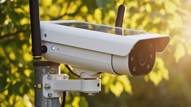 A white security camera mounted outdoors.