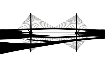 Fototapeta premium Modern cable-stayed bridge silhouette with reflection over water, minimalist black and white architectural design.