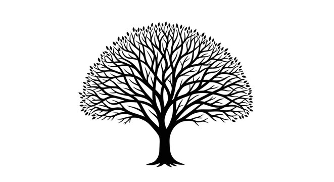 Stylized bare tree silhouette illustration with intricate leafless branches and visible roots, a natural black and white graphic element.