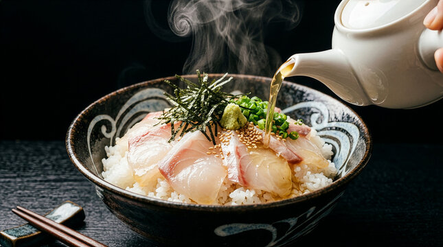 湯気立つ鯛茶漬けに温かい出汁を注ぐ瞬間
