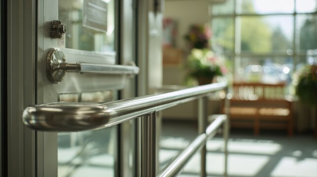 Medium shot focusing on grab bars near the entrance with a walker space clear door and surrounding fixtures softly out of focus to highlight safety features.