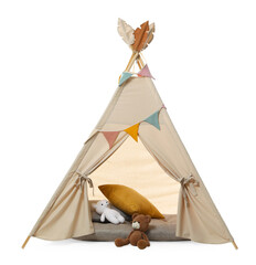 Stylish wigwam for child's room with pillows and teddy bears isolated on white © New Africa