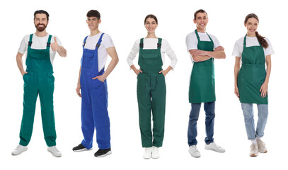 Obraz premium Cleaning service workers in uniforms. Portraits on white background