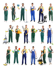 Fototapeta premium Cleaning service workers with supplies. Collection of portraits on white background