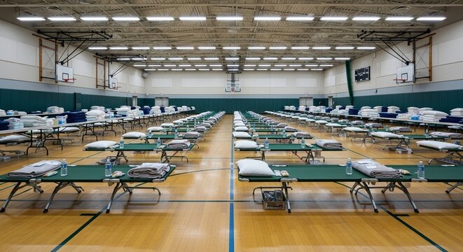 empty evacuation shelter with neatly arranged cots and supplies, indoor gymnasium setting