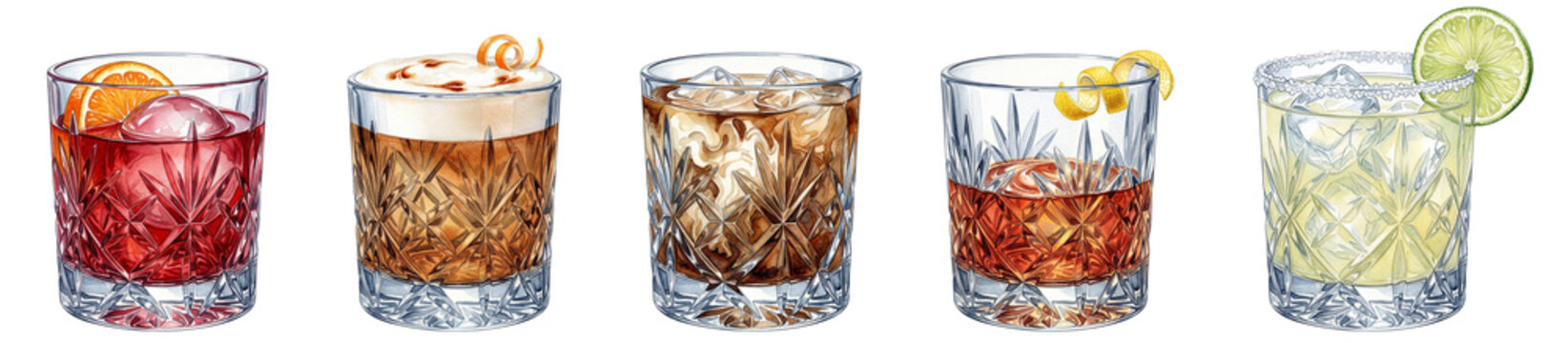 watercolor short glass cocktail illustrations on a transparent background