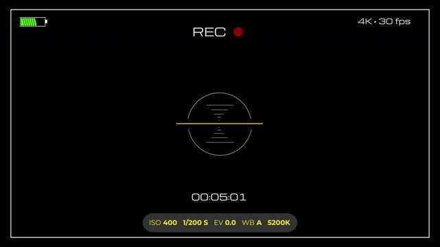 Recording camera screen interface, Camera recording screen overlay with alpha channel. Landscape format 4K video with alpha channel.