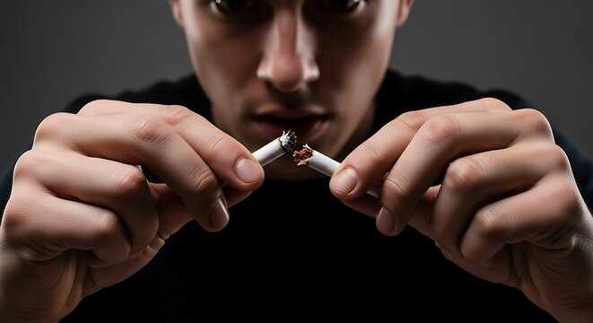Close-up of human hands breaking a white cigarette in half, showing tobacco at the break point, with a man's face blurred in the background against a dark studio setting.