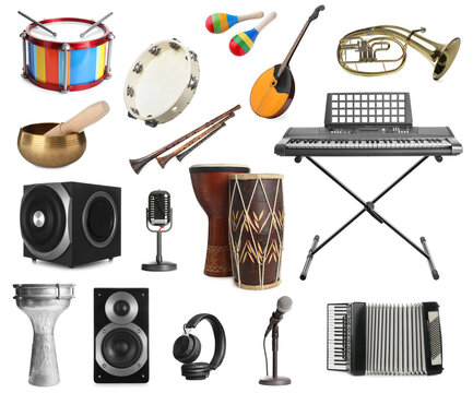 Different musical instruments isolated on white, collage