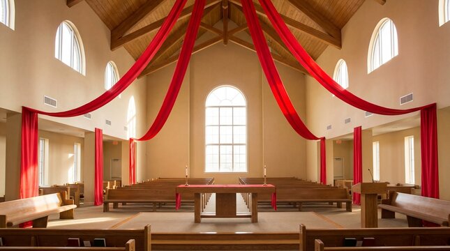 Celebration space with red decorations for Pentecost gathering